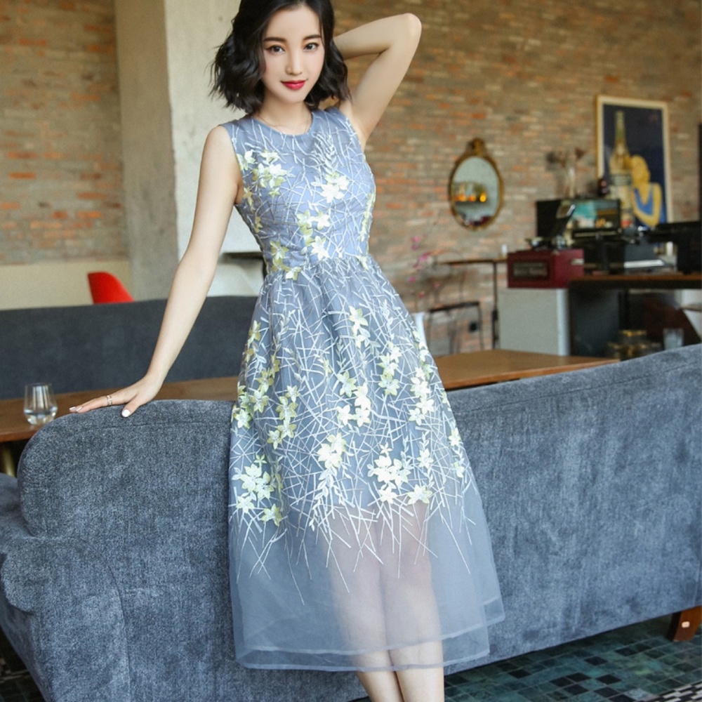 Silver Yellow Floral Embroidery Dress